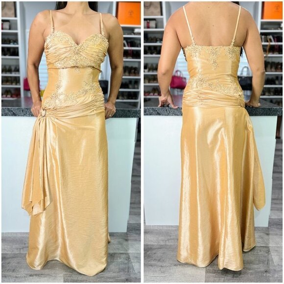 NWT Let's Fashion Gold Y2K Taffeta Prom Formal Ball Gown $249 - Picture 1 of 11